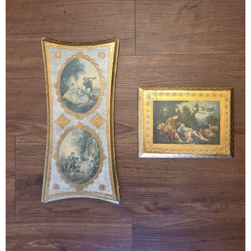 Vintage Italian Wood Wall Plaque Set Gold Gilt Fragonard Style Made in Italy MCM